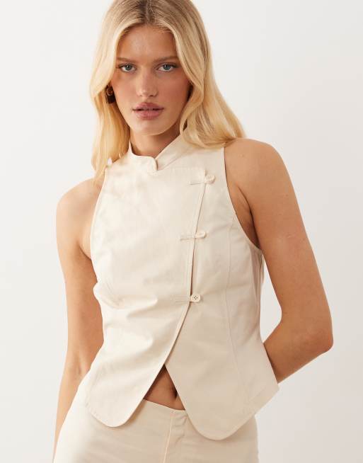 ASOS DESIGN linen blend tie detail mandarin collar top in ivory set, 3 of 3