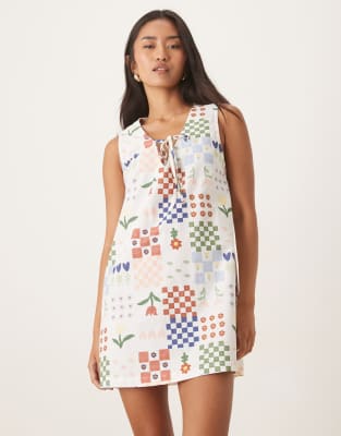 Asos Design Linen Blend Tie Front Mini Dress In Multi