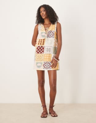 Asos Design Linen Blend Tie Front Mini Dress In Multi
