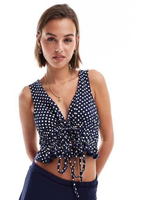 ASOS DESIGN linen blend tie front sun top in polka dot print