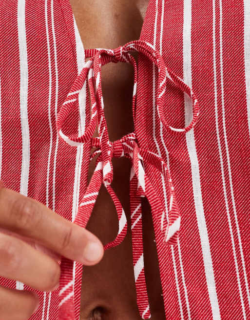 ASOS DESIGN linen blend tie front vest in red stripe - part of a set, 2 of 4