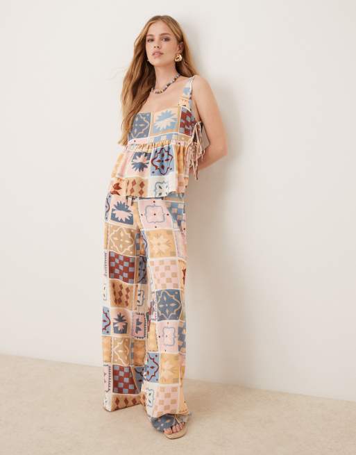 ASOS DESIGN linen blend tie front wide leg pants in tile print