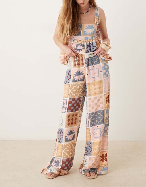 ASOS DESIGN linen blend tie front wide leg pants in tile print