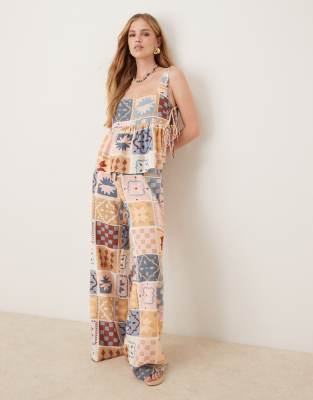 ASOS DESIGN ASOS DESIGN linen blend tie front wide leg trouser in tile print-Multi
