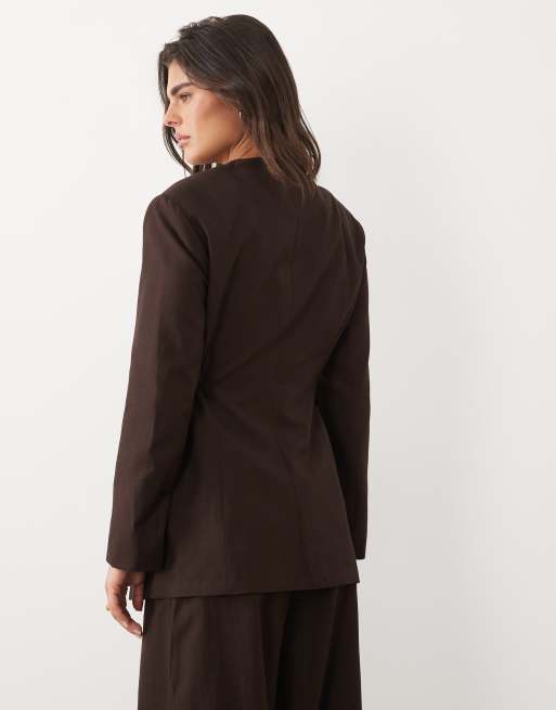 ASOS DESIGN linen-blend tie-side blazer in chocolate (Part of a set), 4 of 4