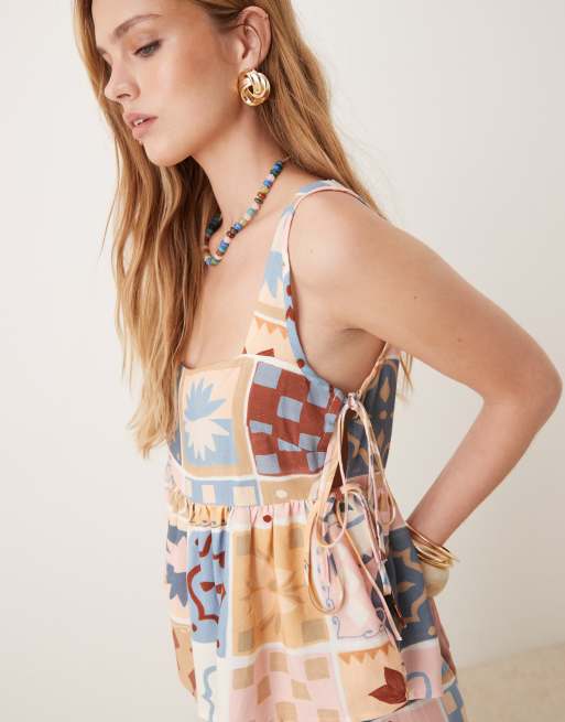 ASOS DESIGN linen blend tie side cami top in tile print, 2 of 4