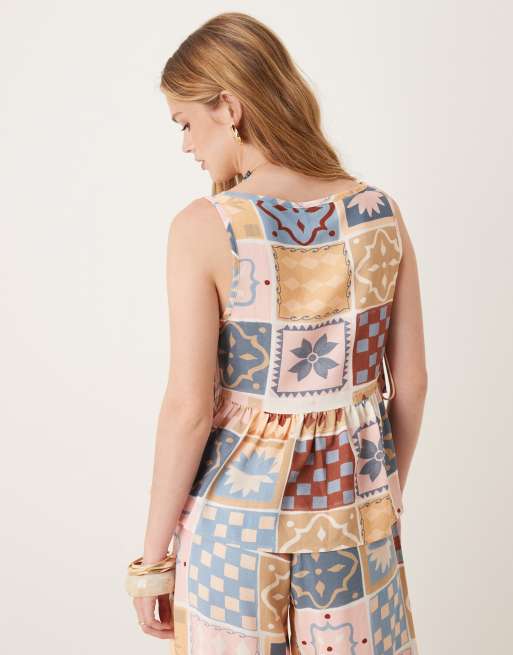 ASOS DESIGN linen blend tie side cami top in tile print, 4 of 4
