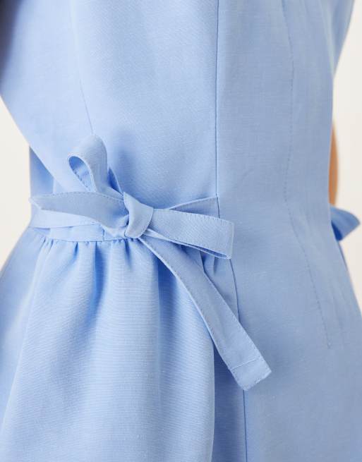 ASOS DESIGN linen blend tie side waist coat co ord in blue, 4 of 4