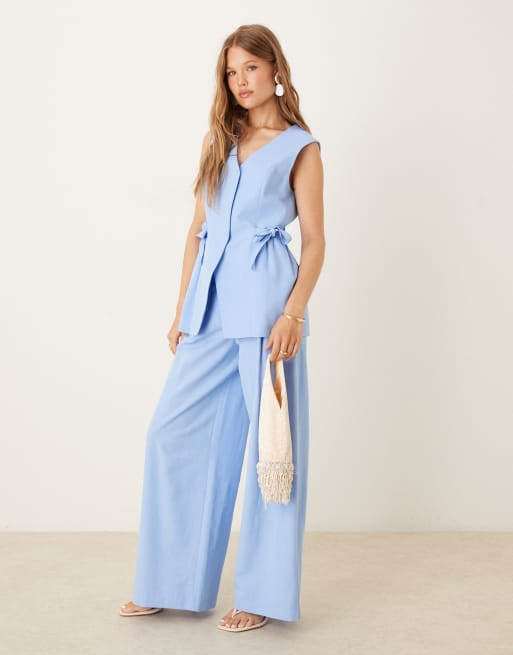 ASOS DESIGN linen blend tie sides vest in blue - part of a set, 3 of 4