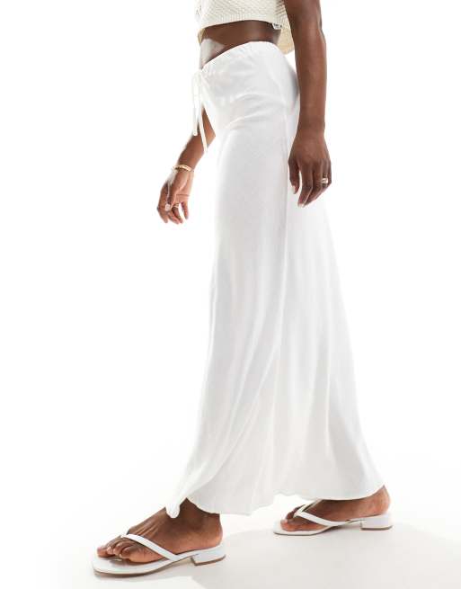 ASOS DESIGN linen blend tie waist bias maxi skirt in white, 2 of 5