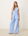 [ASOS DESIGN] ASOS DESIGN linen blend tie waist pants in blue (part of a set) 14 Blue