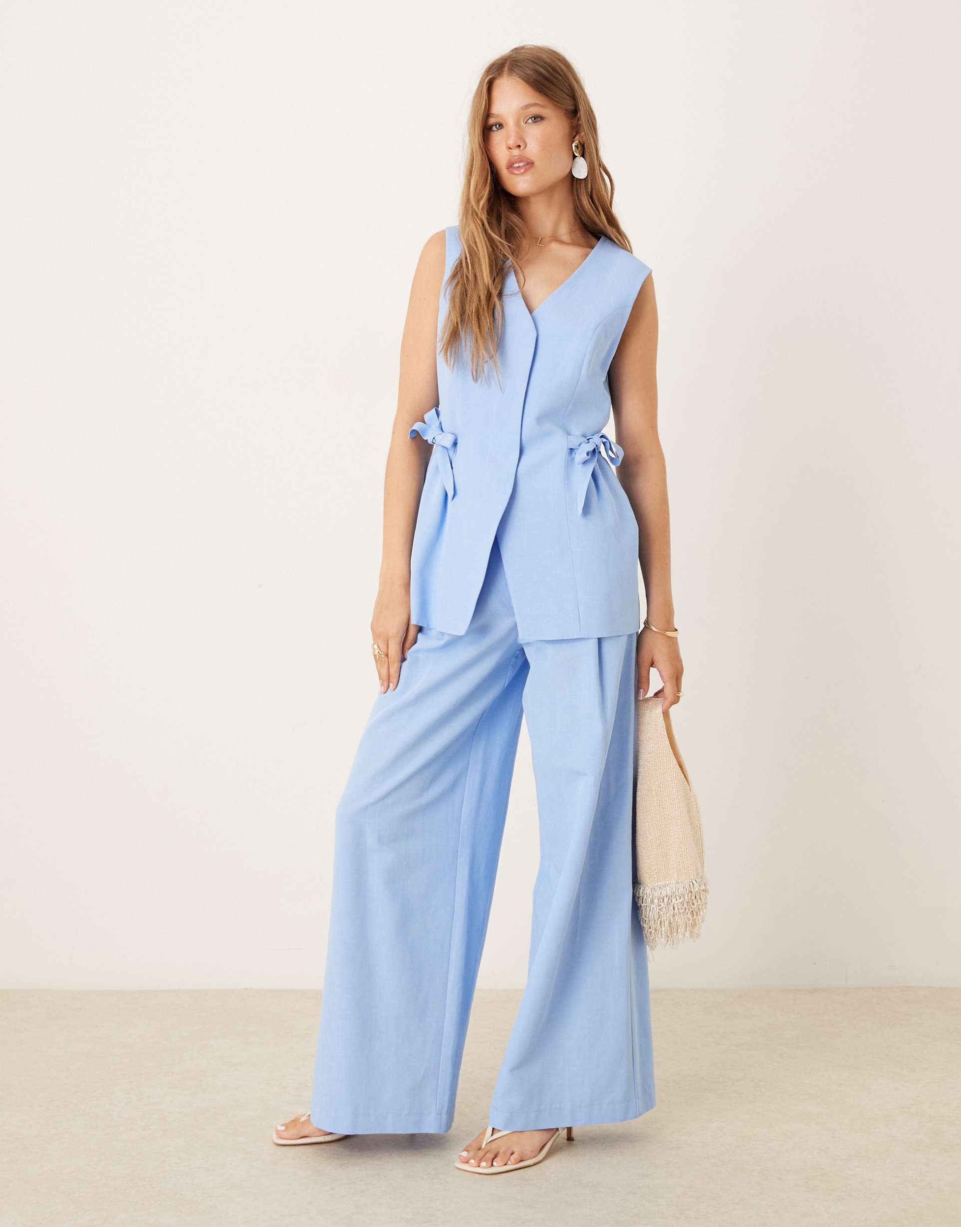 asos design linen blend tie waist pants in blue - part of a set