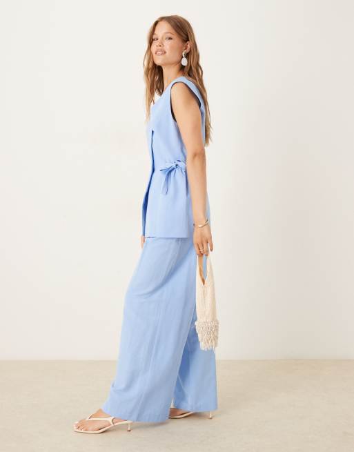 ASOS DESIGN linen blend tie waist trouser co ord in blue, 3 of 5