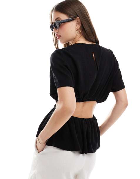ASOS DESIGN linen blend top with open back in black - view 1