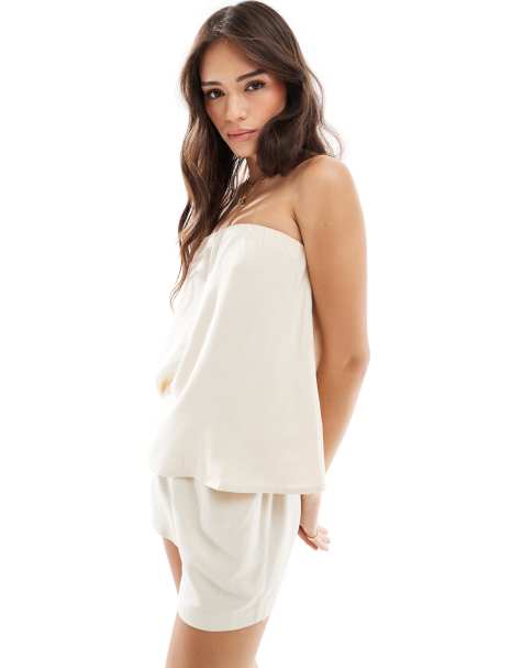 ASOS DESIGN linen blend trapeze bandeau top in beige - view 1
