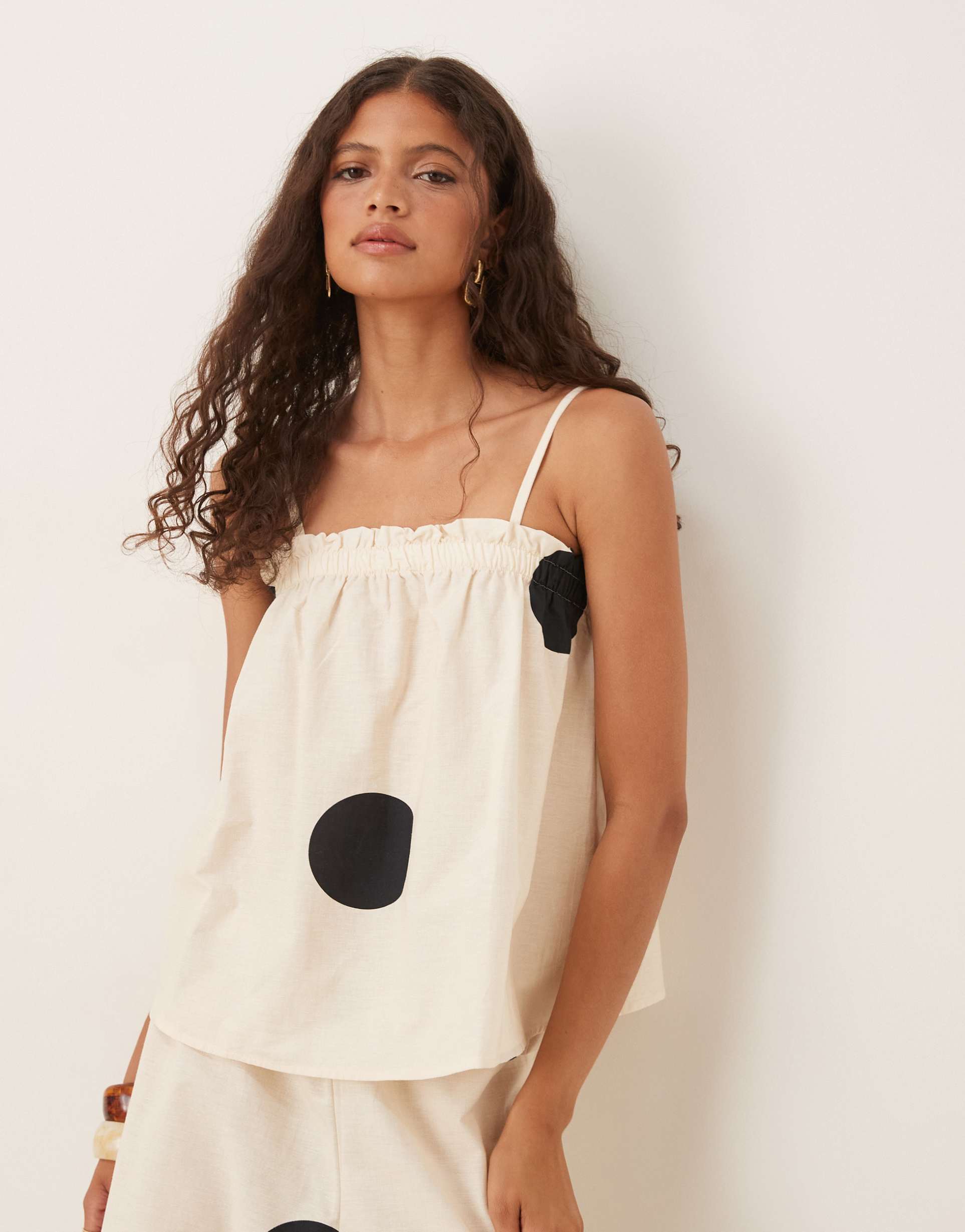 asos design linen blend trapeze cami top in cream polka dots - part of a set
