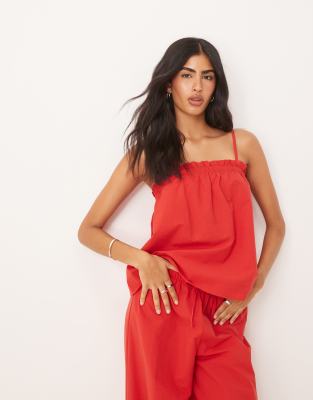 ASOS DESIGN linen blend trapeze cami top in red co ord - view 1