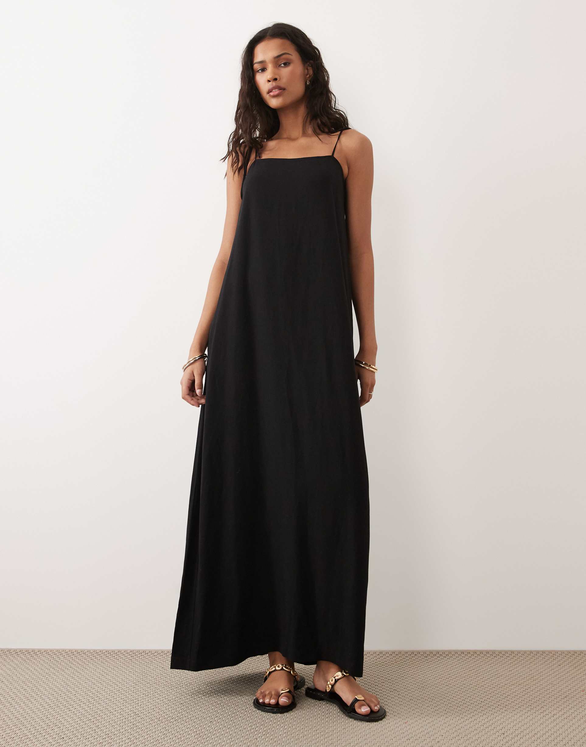 asos design linen blend trapeze maxi dress in black