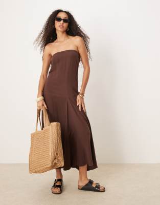 Shop Asos Design Linen Blend Trapeze Maxi Dress In Brown