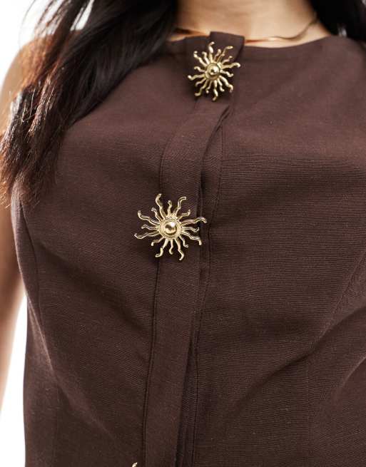 ASOS DESIGN linen blend trim detail vest in chocolate, 4 of 4