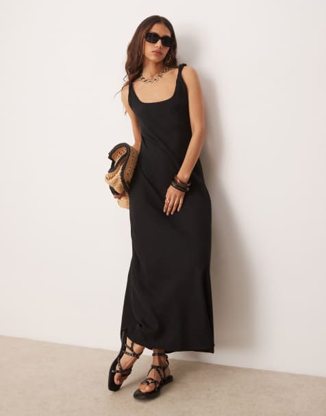 ASOS DESIGN linen-blend twist strap bias maxi sundress in black - view 1
