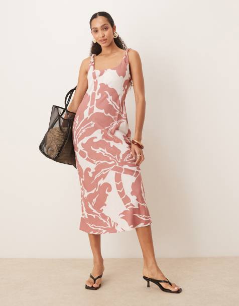 ASOS DESIGN linen blend twisted straps bias cut midi dress in blown out palm print - view 1