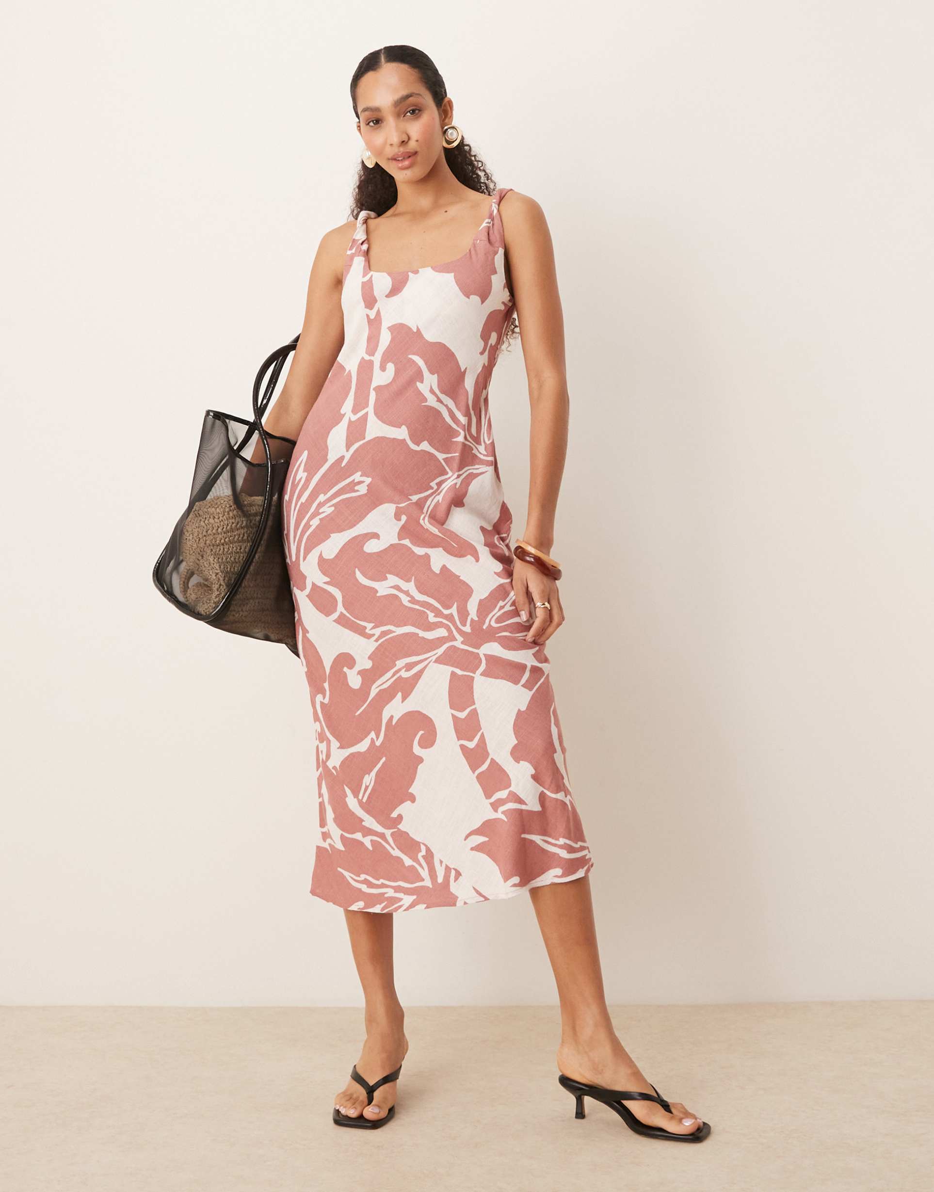asos design linen blend twisted straps bias cut midi dress in blown out palm print