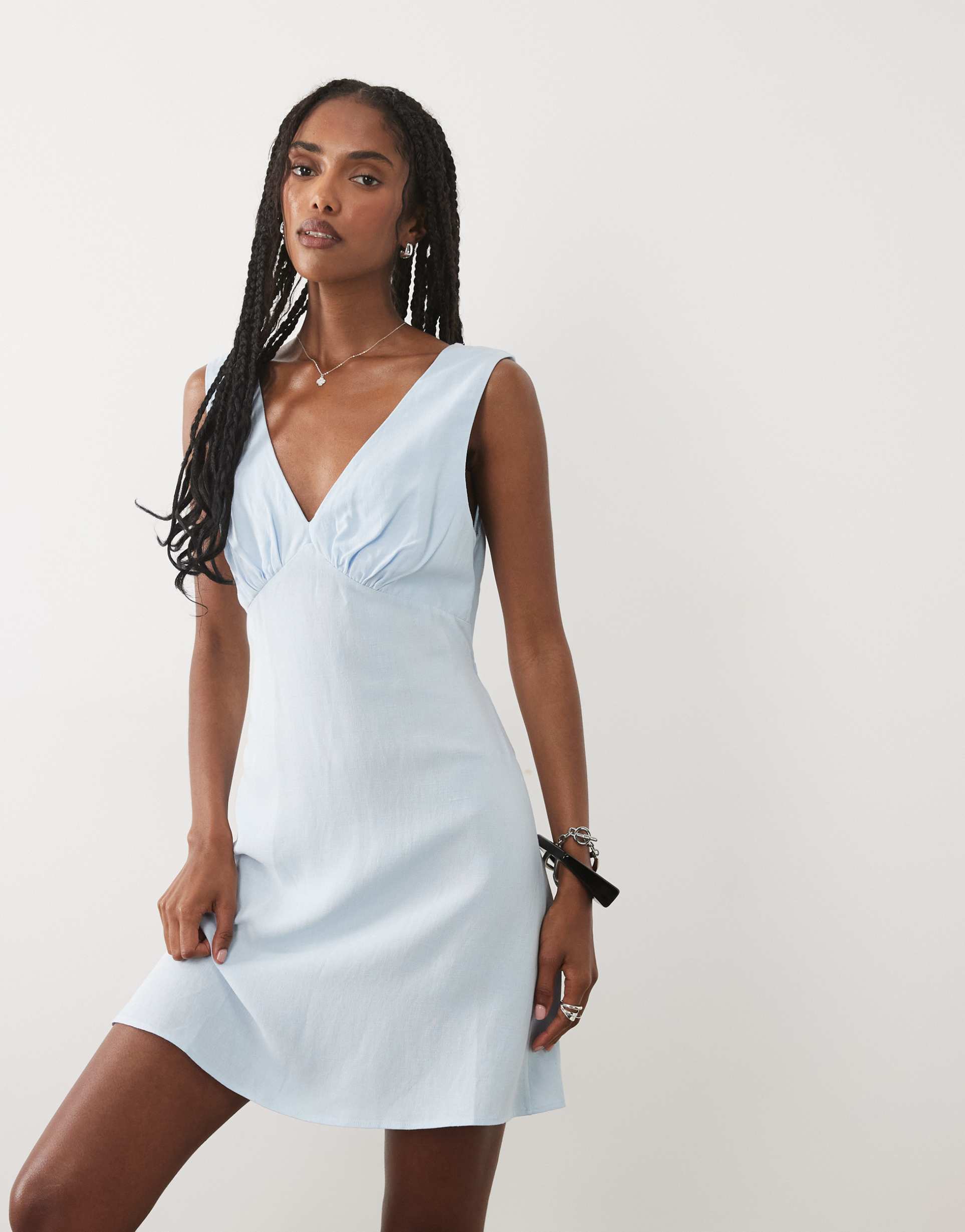 asos design linen blend v neck halter mini dress in light blue
