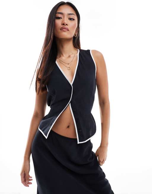 ASOS DESIGN linen blend vest with contrast binding in black - part of a set
