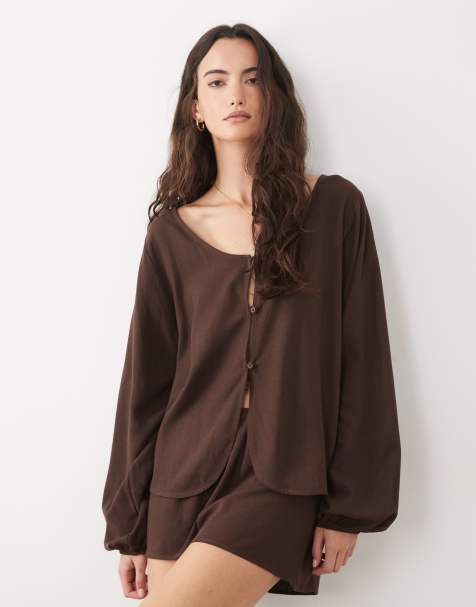 ASOS DESIGN linen blend volume sleeve blouse in chocolate - part of a set - view 1