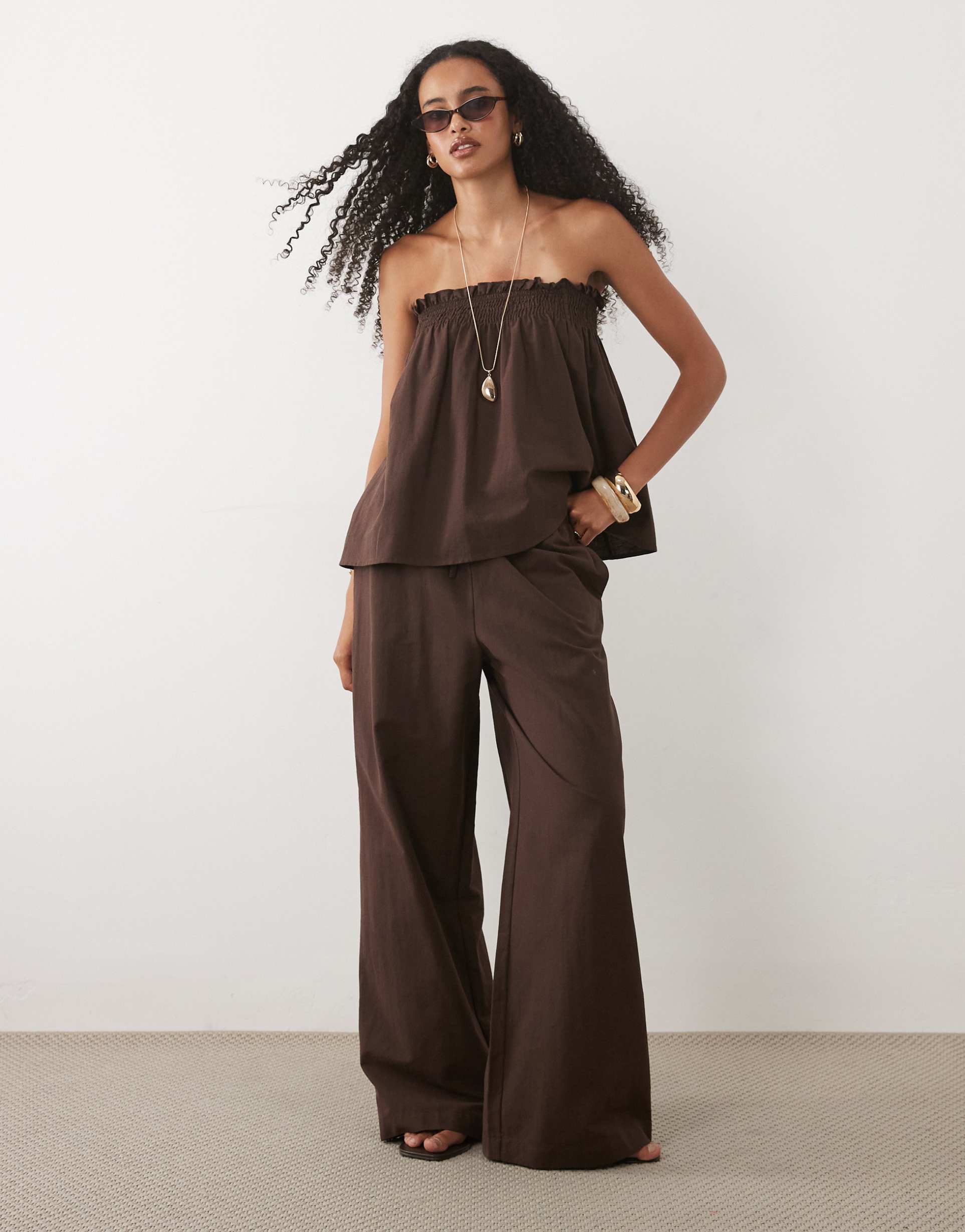 asos design linen blend wide leg deep hem pants in brown - part of a set