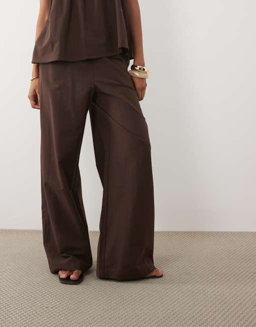 ASOS DESIGN linen blend wide leg deep hem pants in brown - part of a set, 3 of 5