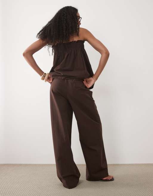 ASOS DESIGN linen blend wide leg deep hem pants in brown - part of a set, 5 of 5