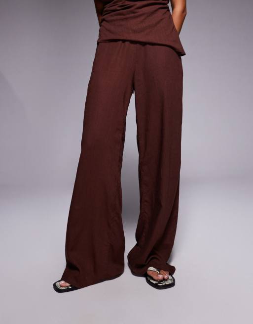 ASOS DESIGN linen-blend wide leg pants in brown (Part of a set), 2 of 5