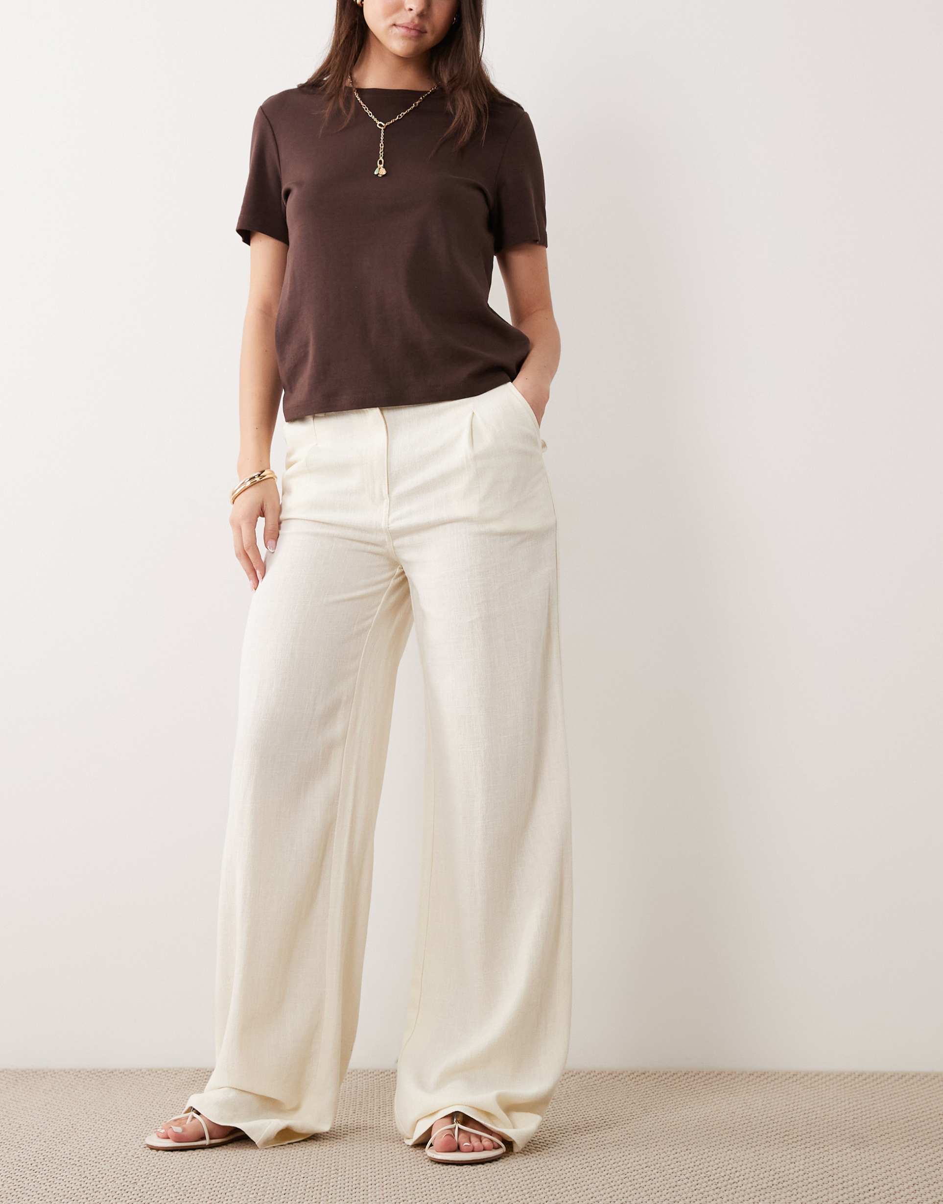 asos design linen blend wide leg pants with pleated detailing in cream