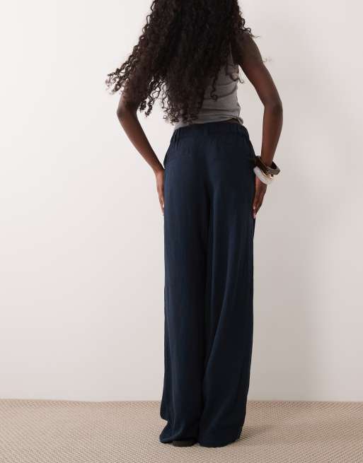 ASOS DESIGN linen blend wide leg pants with pleated detailing in navy, 5 of 5