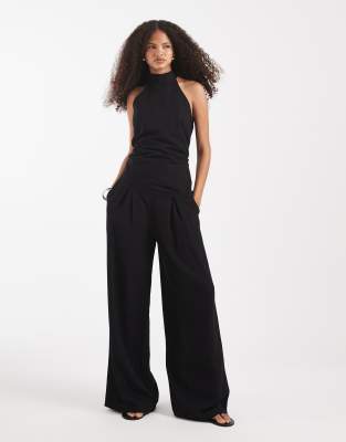 ASOS DESIGN linen blend wide leg pleat front trousers in black co ord