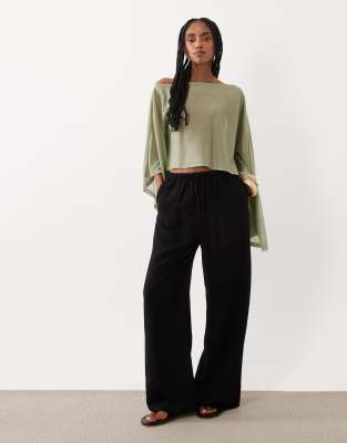 Asos Design Linen Blend Wide Leg Pull On Pants In Black