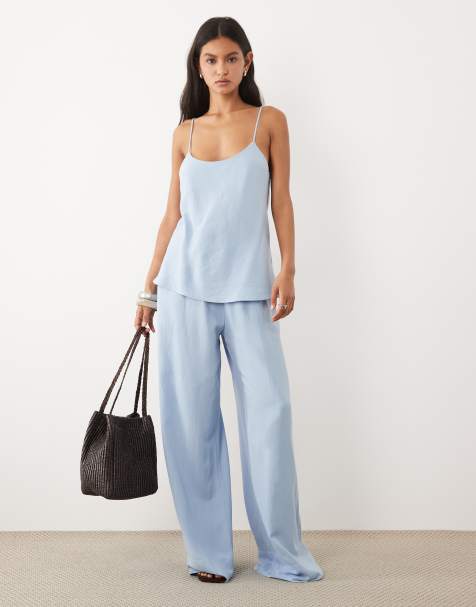 ASOS DESIGN linen blend wide leg pull on pants in blue (part of a set) - view 1