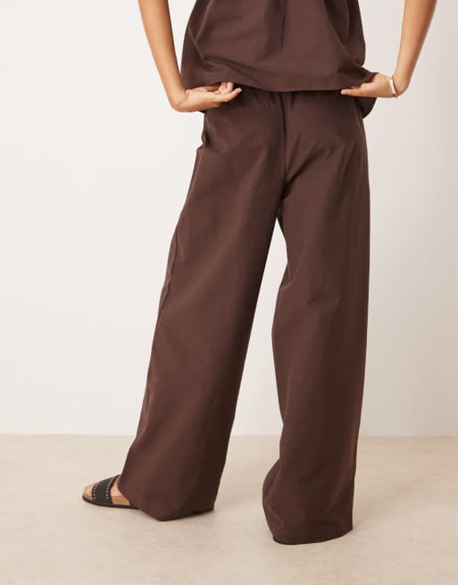 ASOS DESIGN linen look wide leg pull on pants in chocolate