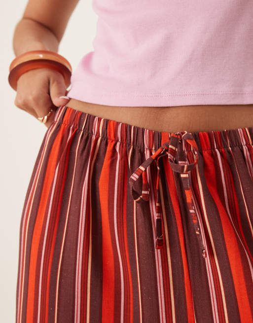 ASOS DESIGN linen blend wide leg pull-on pants in maroon stripe