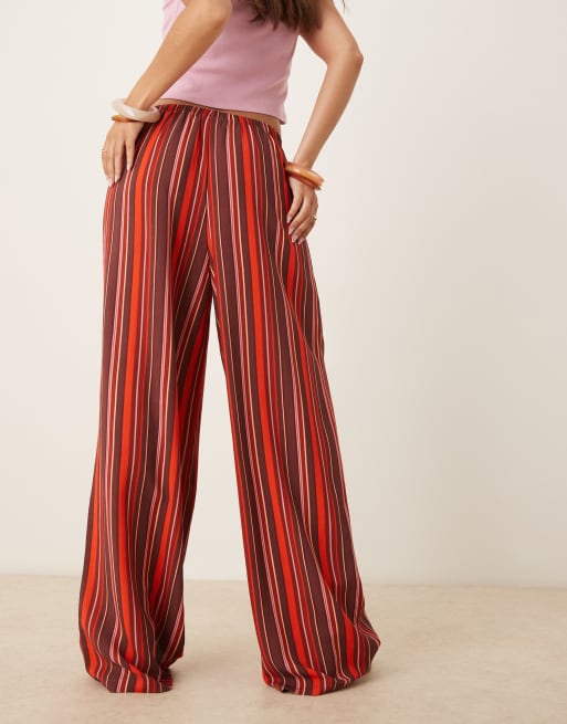 ASOS DESIGN linen blend wide leg pull-on pants in maroon stripe