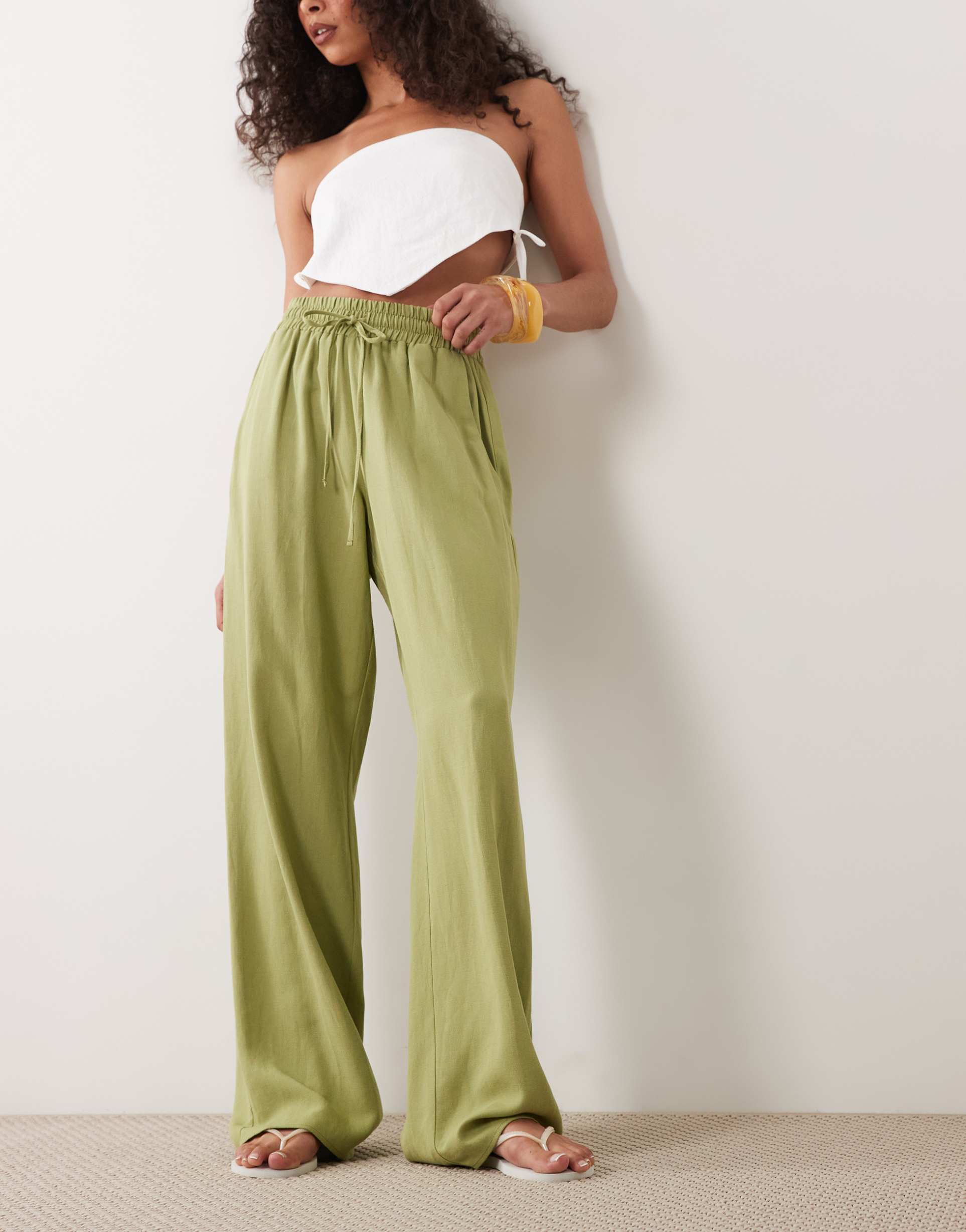 asos design linen blend wide leg pull-on pants in olive
