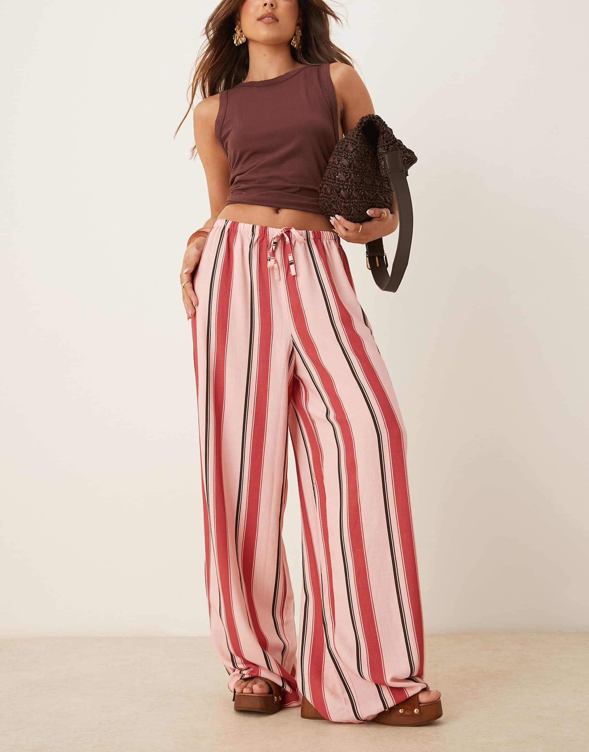 asos design linen blend wide leg pull-on pants in pink stripe