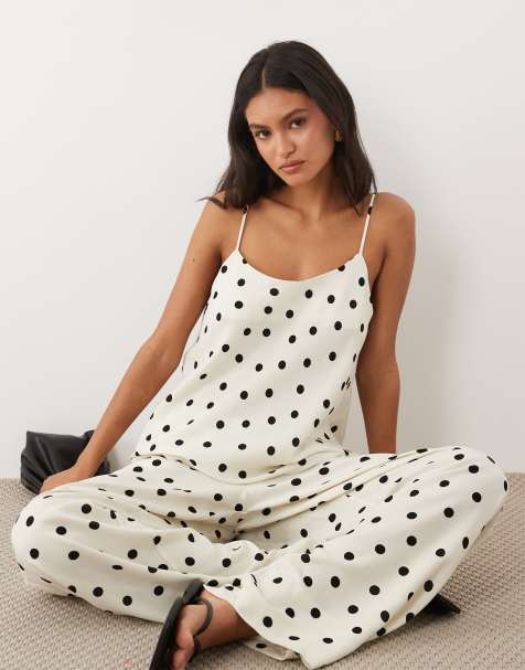 ASOS DESIGN linen blend wide leg pull on pants in polka dot (part of a set) - view 1