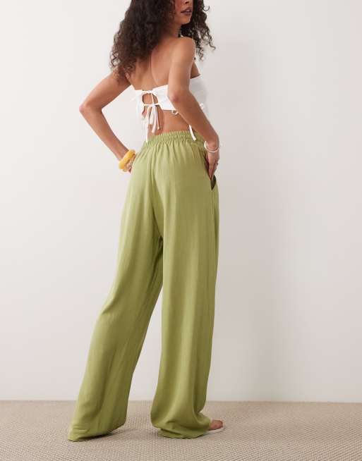 ASOS DESIGN linen blend wide leg pull on trouser in olive, 4 of 5