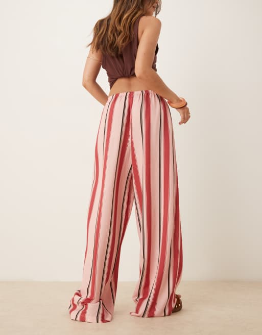 ASOS DESIGN linen blend wide leg pull on trouser in pink stripe, 5 of 5