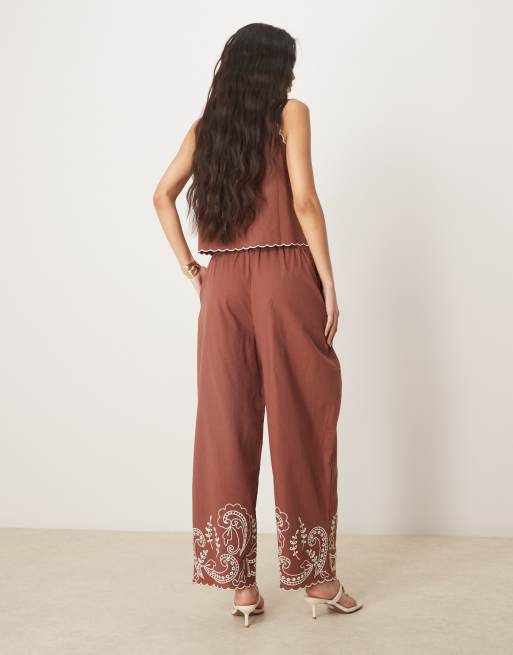 ASOS DESIGN linen blend wide leg scallop edge embroidered pants in mocha - part of a set