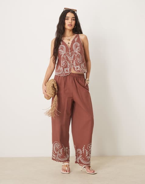 ASOS DESIGN linen blend wide leg scallop edge embroidered trousers co-ord in mocha - view 1