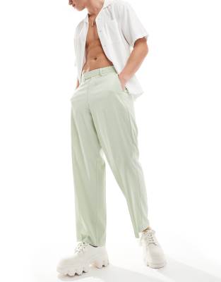 Asos Design Linen Blend Wide Leg Smart Pants In Sage Green Crinkle In Green